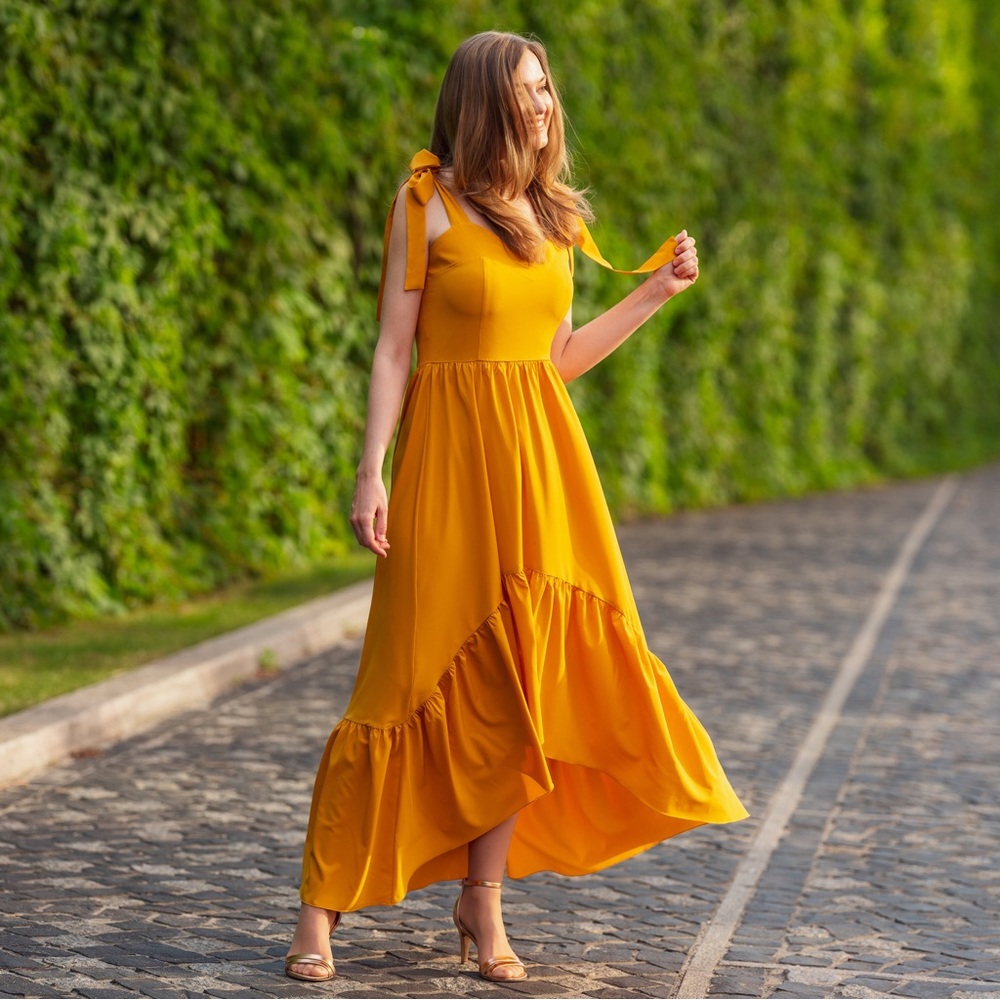 LUXOLOGY Honey Yellow High-Low Dress